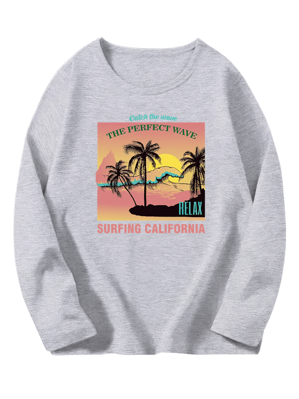 Surfing California Print Long Sleeve Top for Kids with palm trees and waves design on soft cotton fabric.